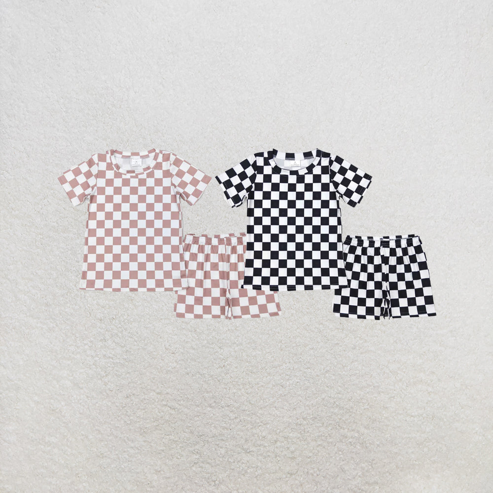 RTS NO MOQ Sibling Baby Boys Khaki Checkered Summer Shorts Pajamas Clothes Sets