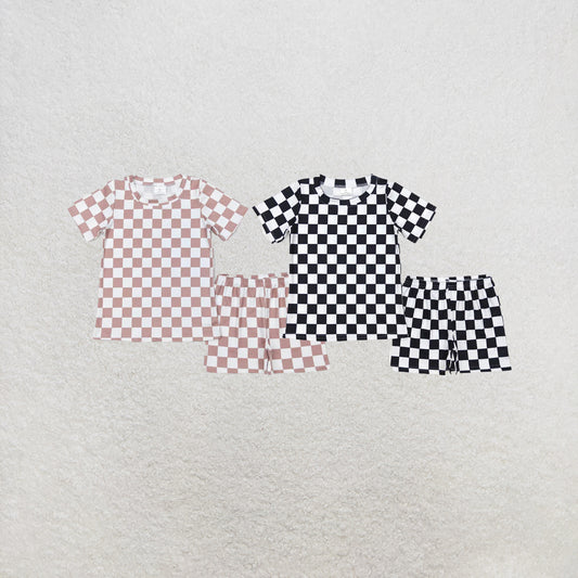 RTS NO MOQ Sibling Baby Boys Khaki Checkered Summer Shorts Pajamas Clothes Sets