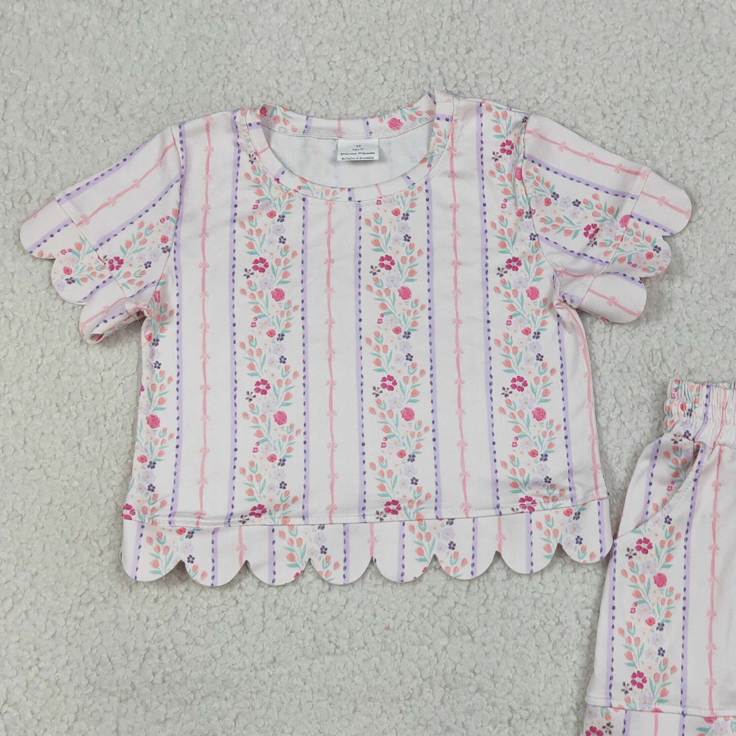RTS NO MOQ milk silk GSSO3411 Toddler Girls Flower Stripe Top Scallop Edge Shorts Set Casual Outfit
