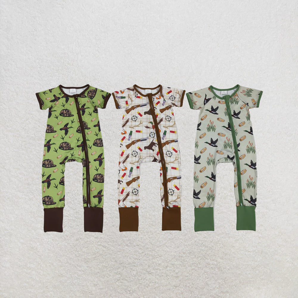 RTS NO MOQ Sibling Baby Boys Ducks Calls Camo Hats Hunting Two Way Zip Convertible Rompers