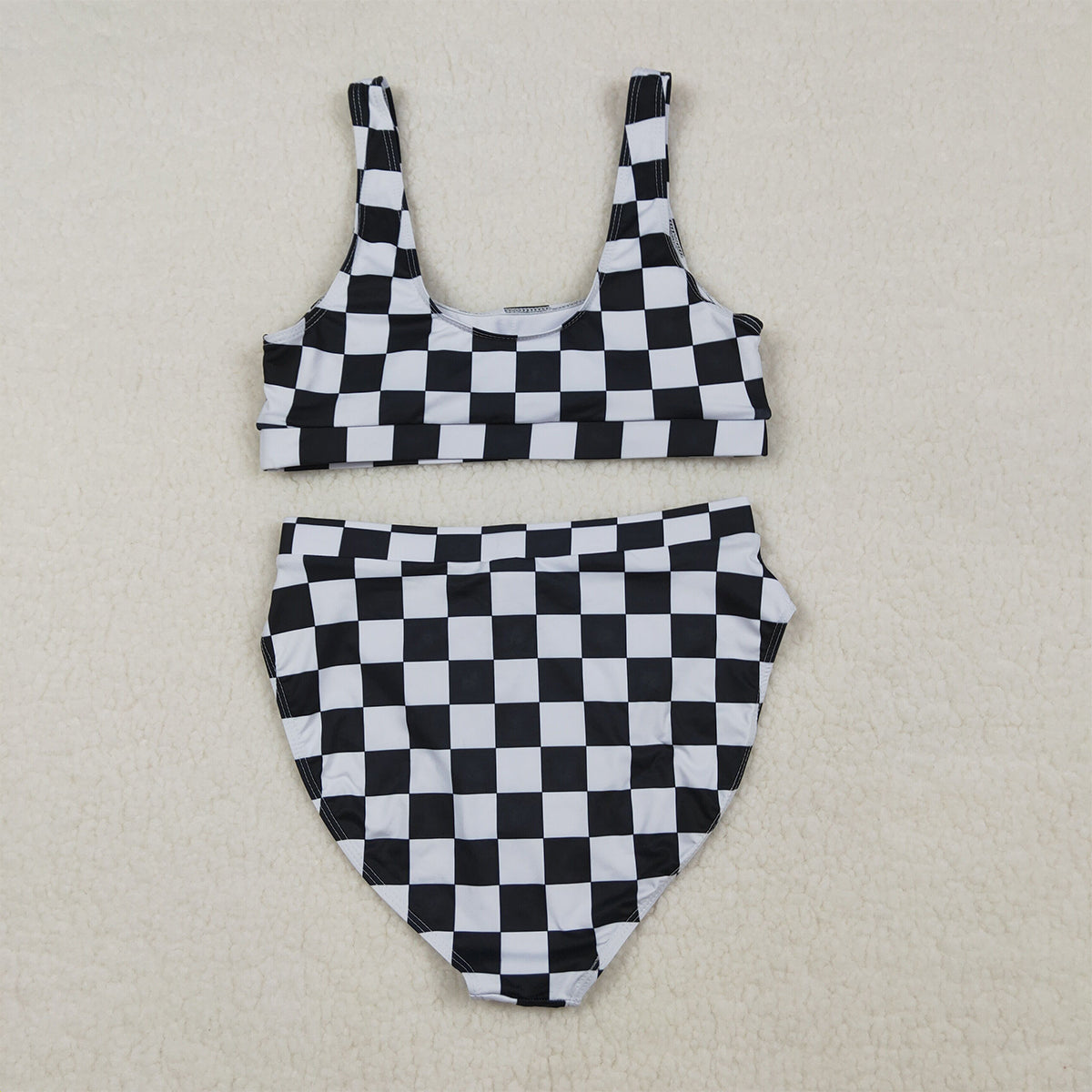 RTS NO MOQ S0736+S0737 Adult Women's Black Checkered Two-Piece Swimsuit Set with Top And Bummies Bottom