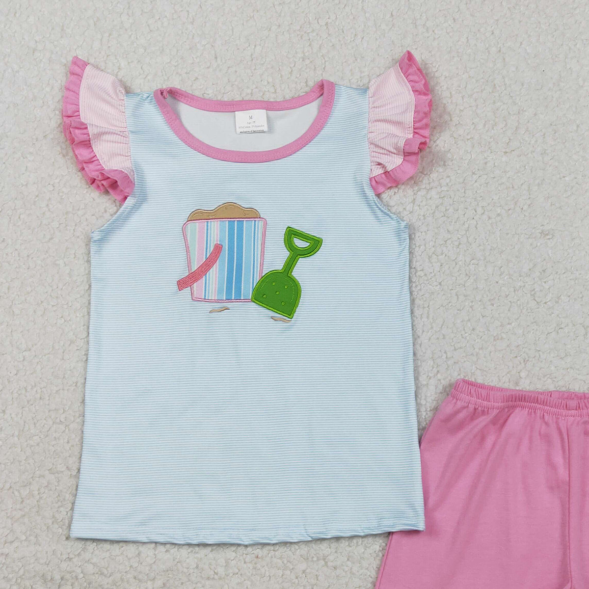 RTS NO MOQ GSSO2991 Embroidery Beach Baby Girls Outfit Set with Flutter Sleeve Top And Ruffle Shorts Clothing