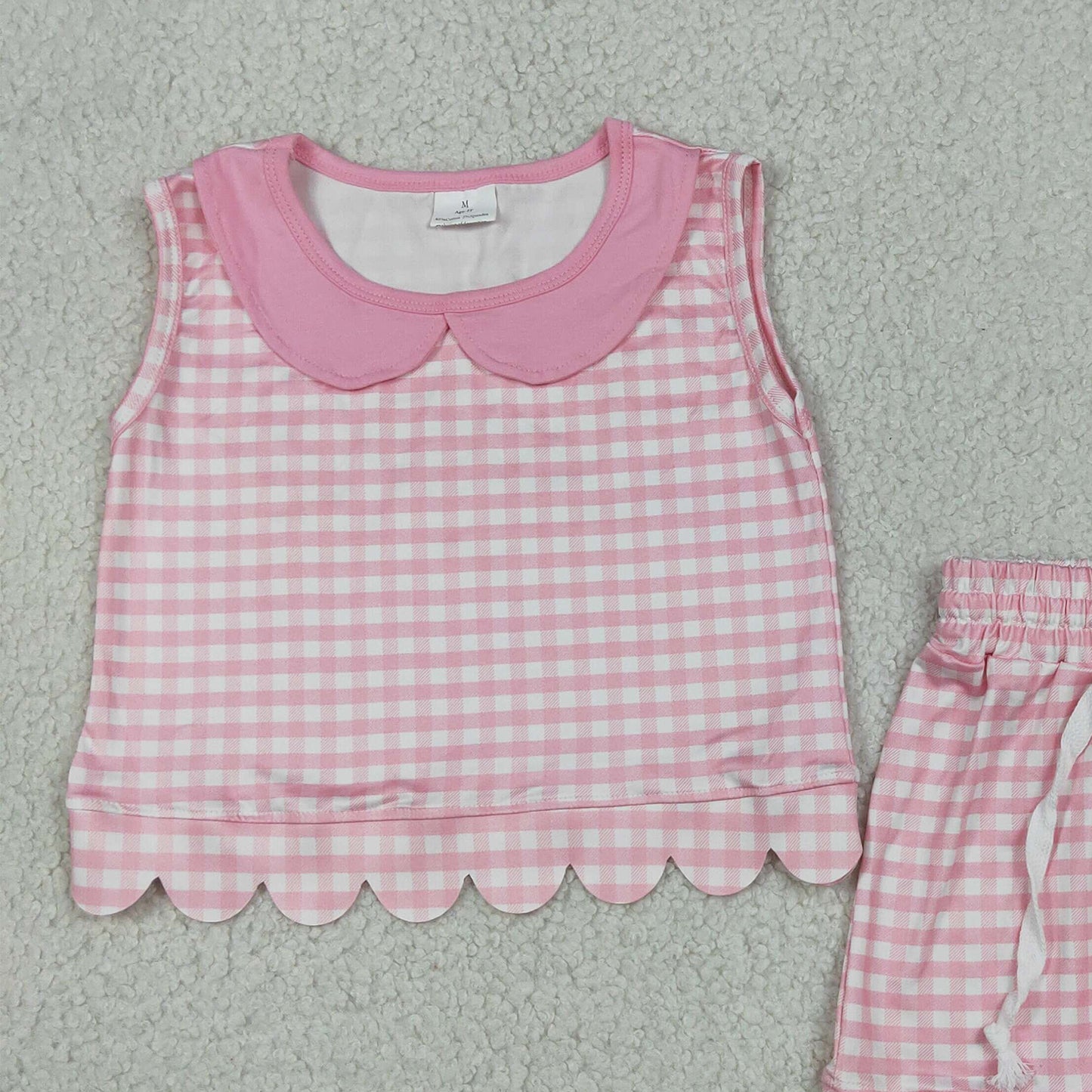 RTS NO MOQ milk silk GSSO3394 Pink Checked Collar Sleeveless Outfit Baby Girls Scallop Trim Short Suits