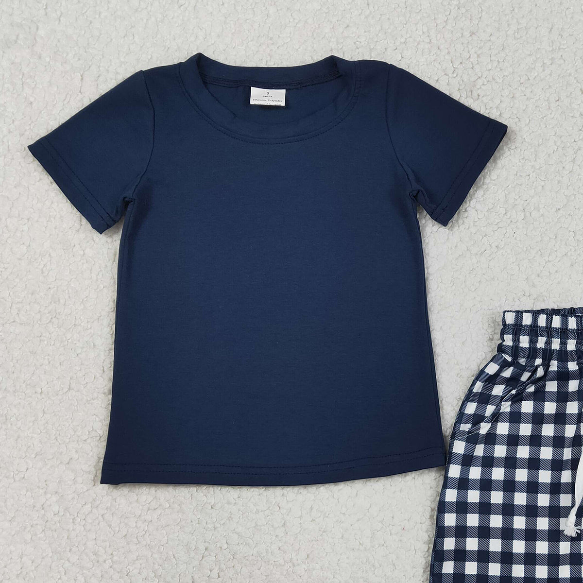 RTS NO MOQ BSSO1882 Baby Boys Navy Short Sleeve Shirt Top with Checked Pockets Short Clothes Set for Little Ones