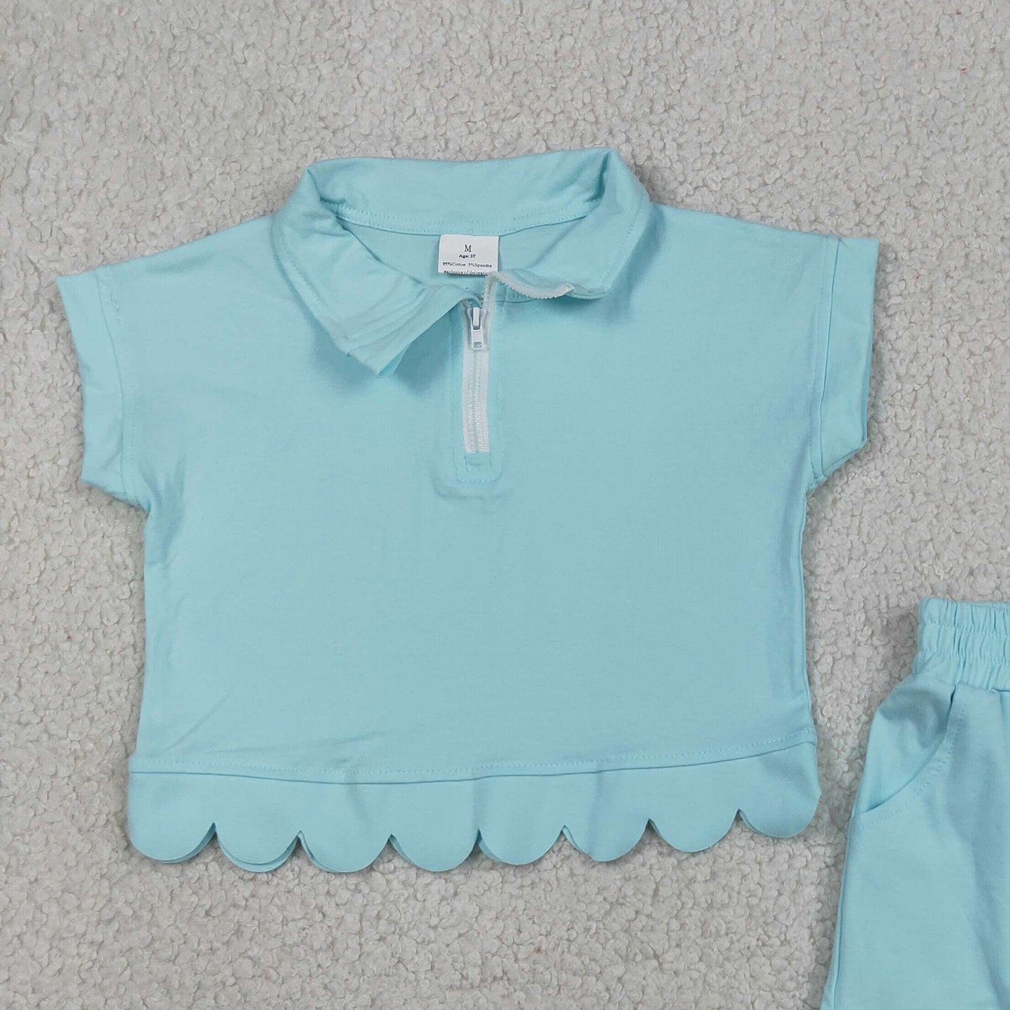 RTS NO MOQ cotton GSSO3376 Baby Girls Blue Zip Pullover Top With Pockets Short Scallop Clothes Set