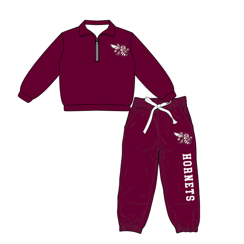 custom moq 5 mix size XY070401 Baby Kids Dark Red Top And Pants Casual Fashion Outfit Set