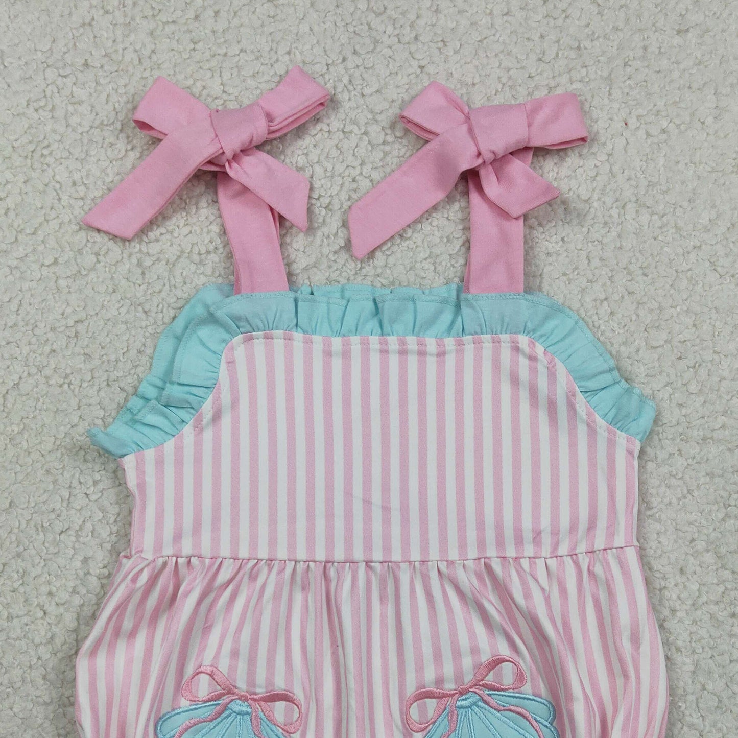 RTS NO MOQ milk silk SR4127 Baby Girls Cute Shell Embroidery Pockets Pink Stripe Strap Ruffle Rompers
