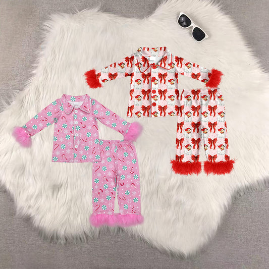 RTS NO MOQ Sibling Baby Girls Christmas Pink Plush Button Long Sleeve Long Pants Pajama Set