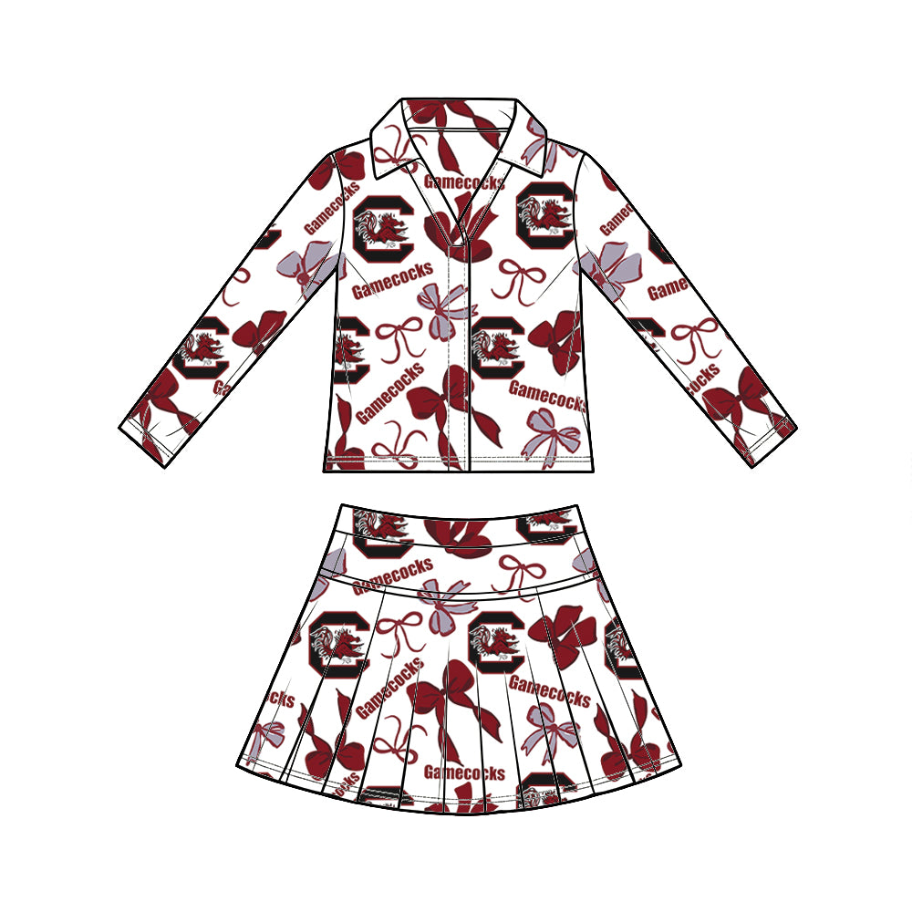 custom moq 5 mix size  XY072306 Baby Girls Summer Bow Print Long Sleeve Top Pleated Skirt Two Piece Team Outfit Set