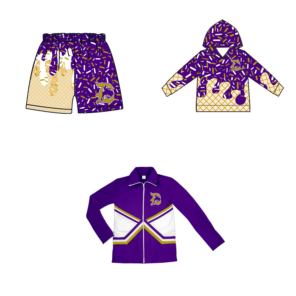 Custom moq 5 mix size milk silk baby girls clothes team bow purple hooded long sleeve tops and shorts and jacket-25.7.21