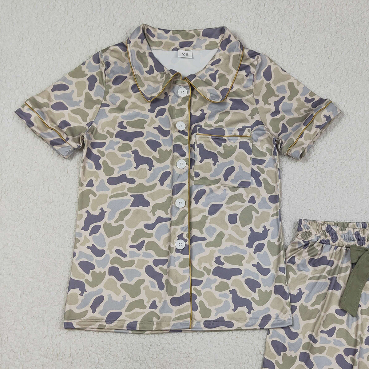 RTS NO MOQ GSSO3135 Adult Women's Southern Dogs Camouflage Pajamas Set with Button Pocket Top And Ruffle Shorts Sleepwear