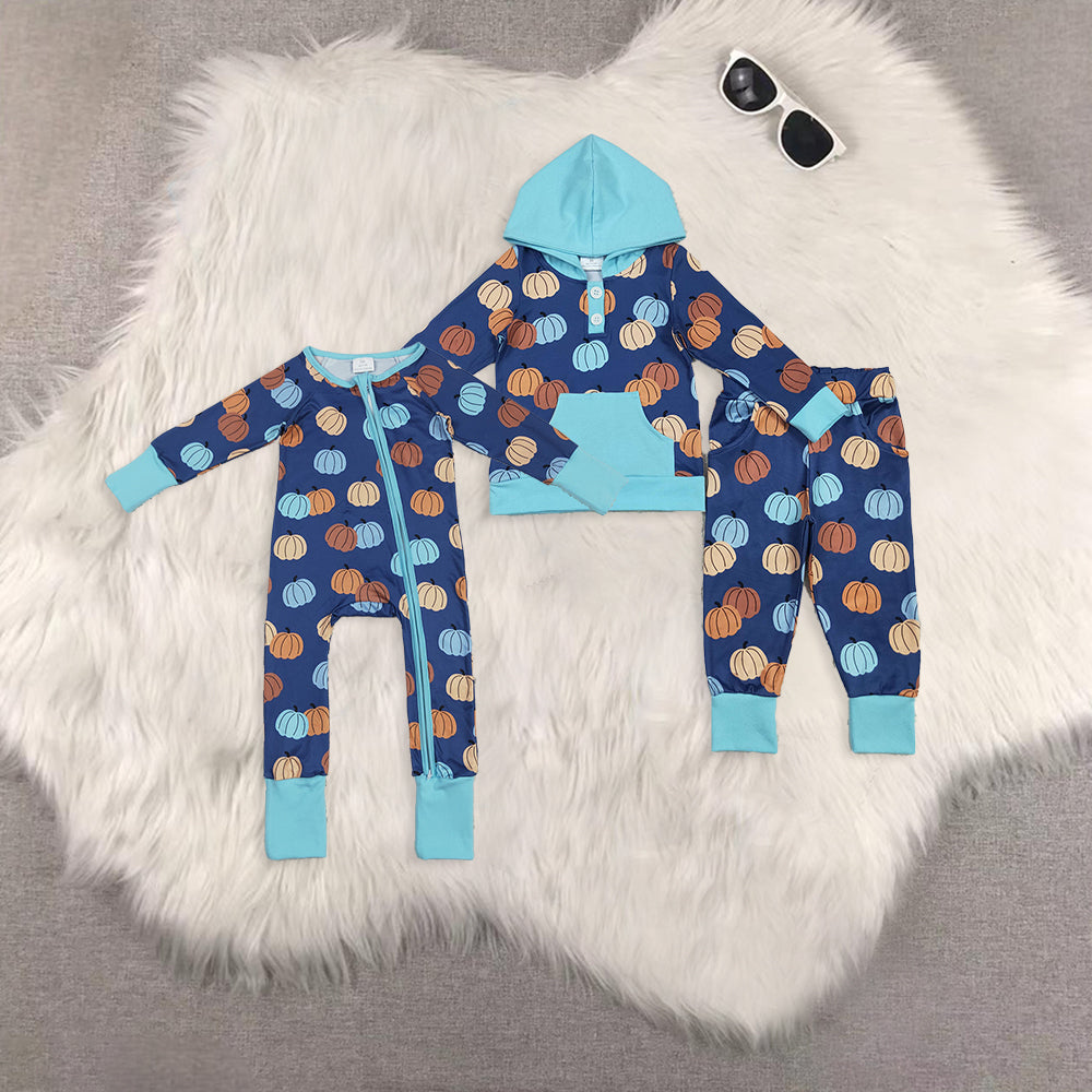RTS NO MOQ Sibling Baby boy clothes halloween pumpkin hooded long-sleeved trousers suit & romper