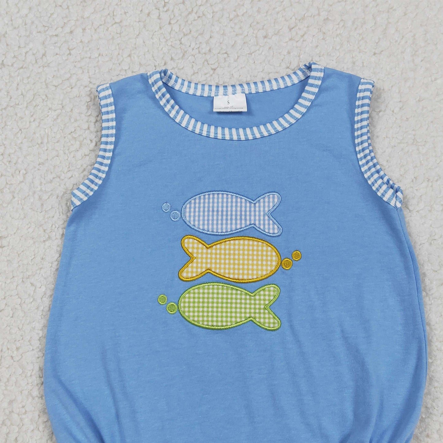 RTS NO MOQ milk silk SR4005 Baby Boys Sleeveless Solid Color Fish Embroidery Hunting Rompers