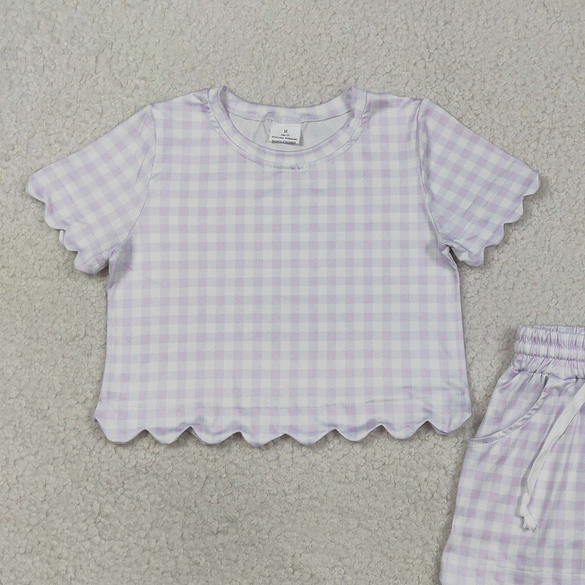 RTS NO MOQ GSSO3181  Baby Girls Lavender Checked Shirt Top And Scallop Shorts Outfit Set Cute Clothing Set for Infants