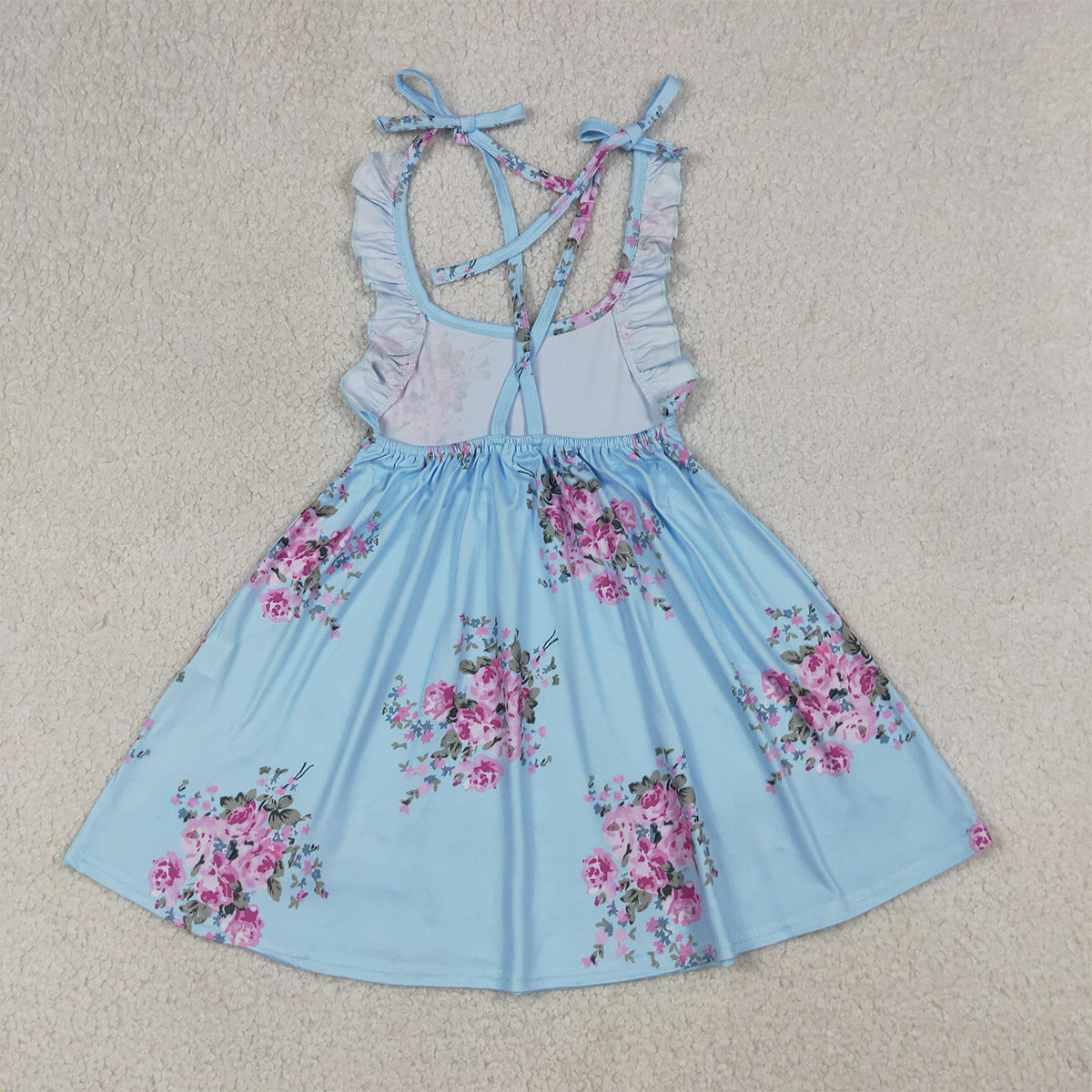 RTS NO MOQ GSD4088 Baby Girls Knee-Length Dress with Blue Straps And Flowers(2T-10-12T）