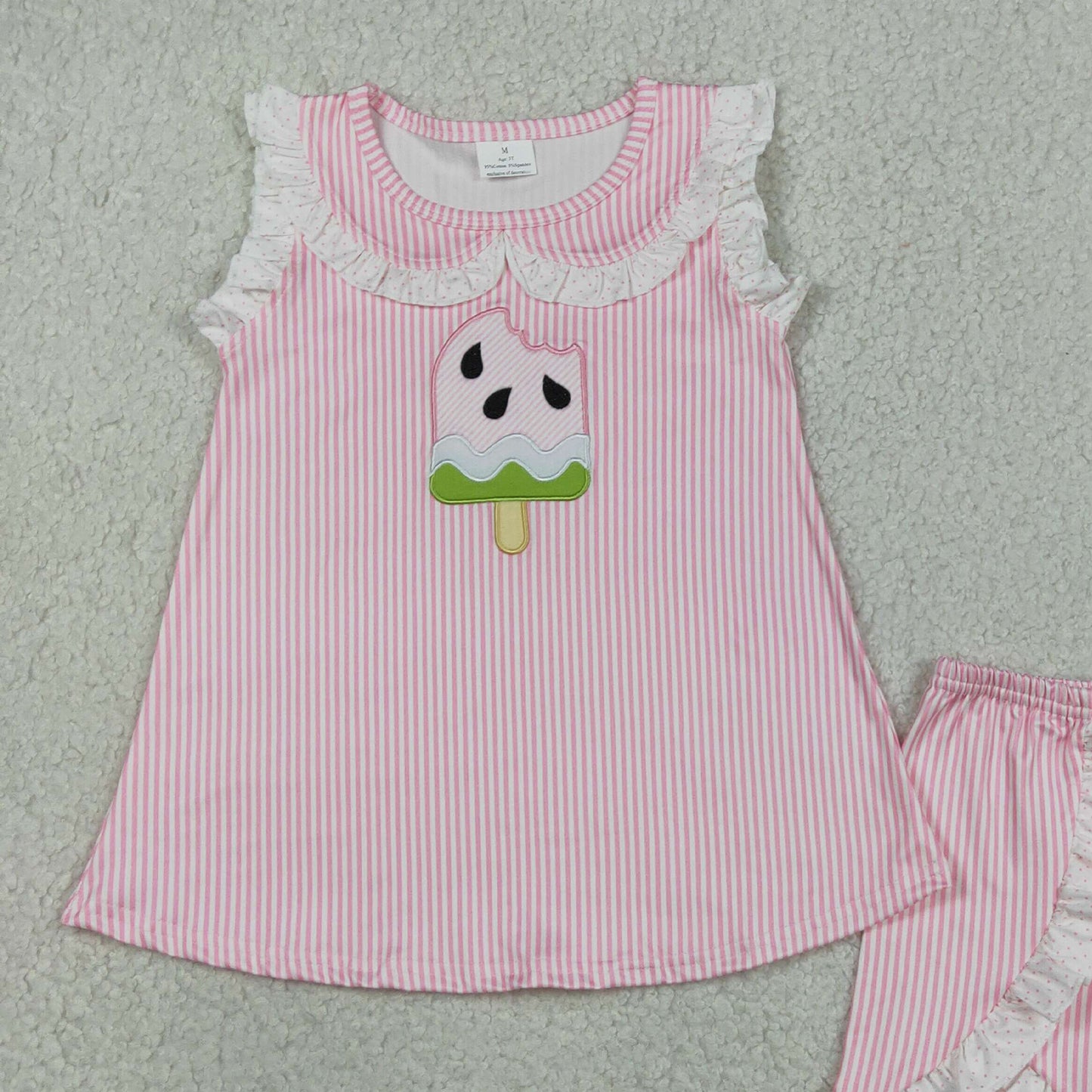 RTS NO MOQ milk silk GSSO3238 Baby Girls Cute Popsicle Embroidery Pink Stripe Tunic Shorts Set