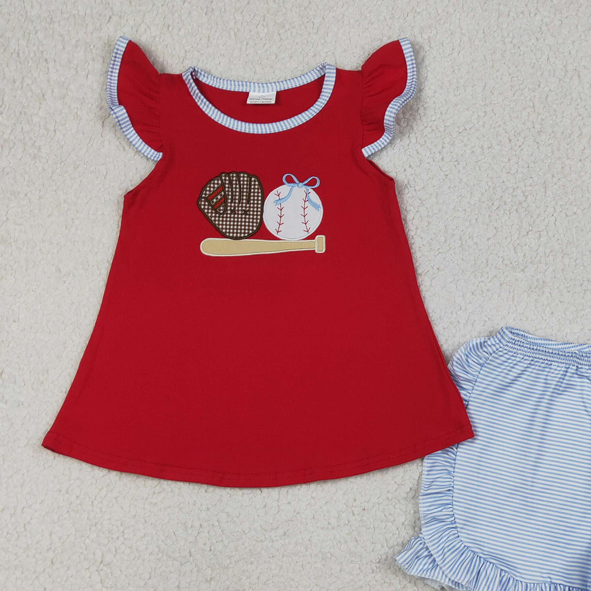 RTS NO MOQ GSSO3246 Baby Girls Embroidery Baseballs Tunic Top with Stripe Ruffle Shorts Team Clothes Set