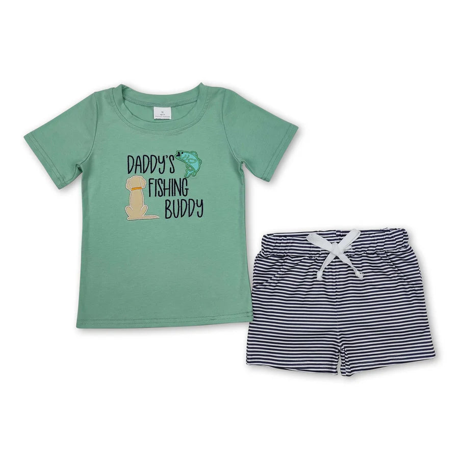 RTS NO MOQ Sibling Baby Boys Embroidery Fishing Top Shorts Hunting Clothes Sets