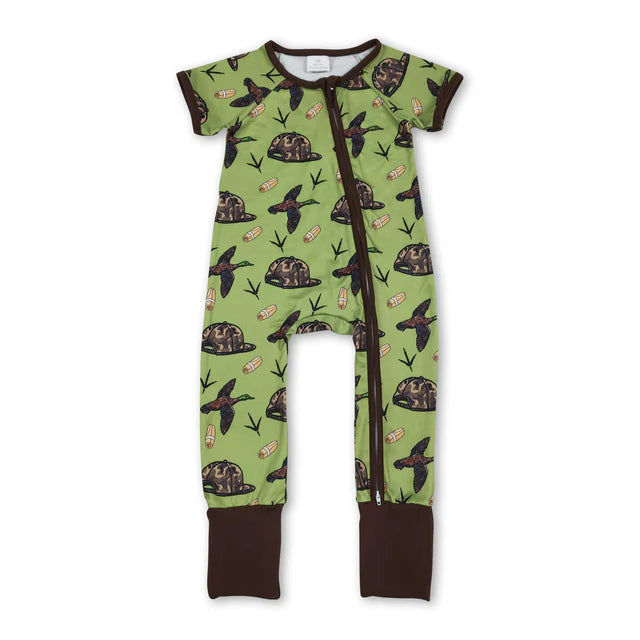 RTS NO MOQ Sibling Baby Boys Ducks Calls Camo Hats Hunting Two Way Zip Convertible Rompers