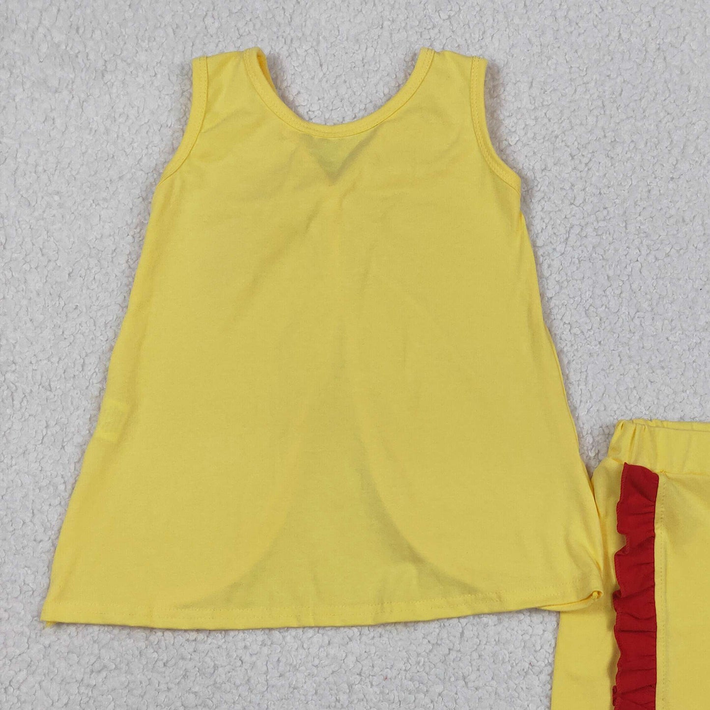 RTS NO MOQ cotton GSSO3466 Baby Girls Cute Yellow Sleeveless Back Bows Tunic Ruffle Shorts Sets