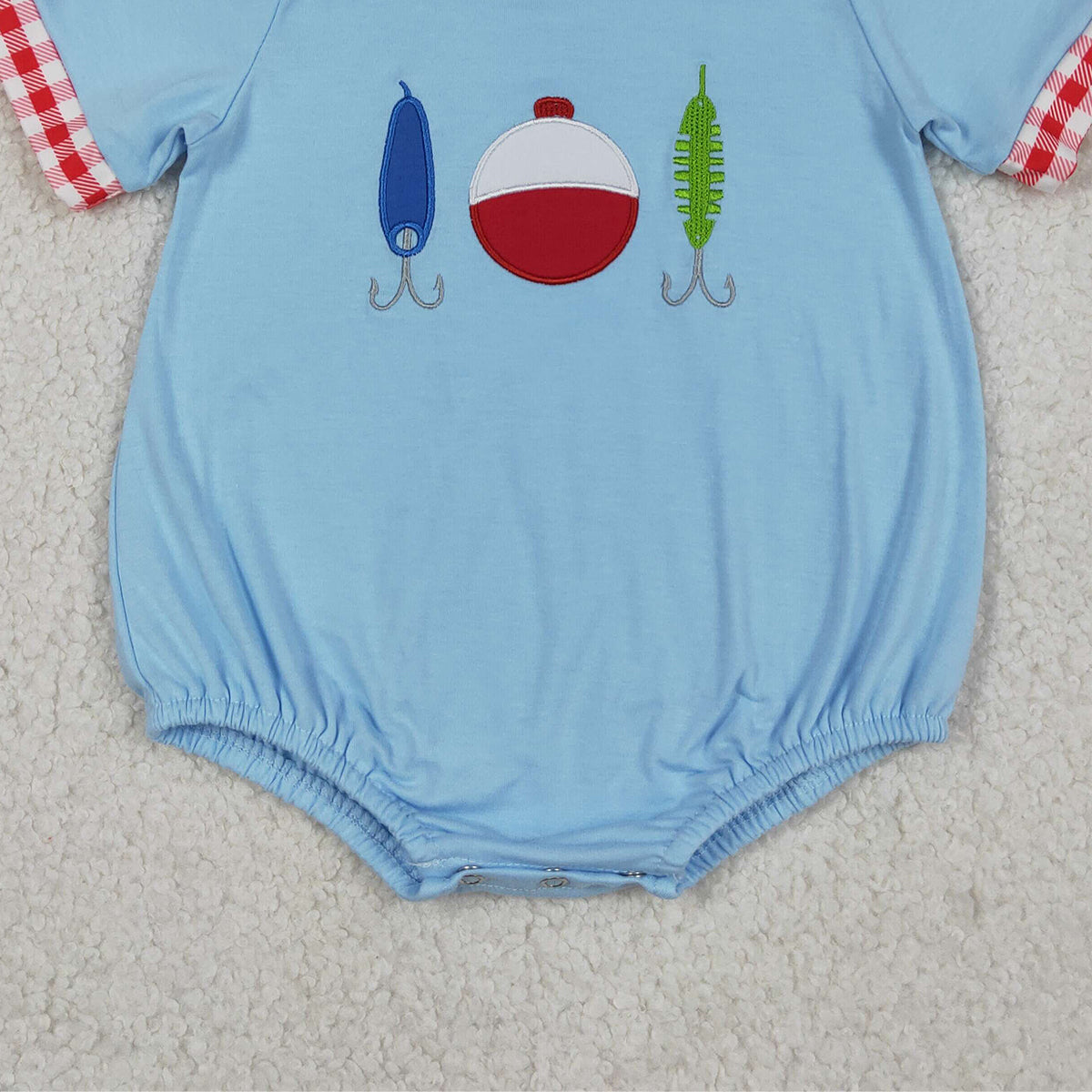 RTS NO MOQ SR3577 Embroidery Fishing Baby Boys Blue Rompers Short Sleeve Hunting Outfit Cute Toddler Clothing