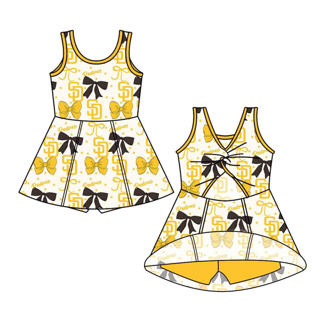 Custom moq 5 mix size milk silk summer teams baby girls clothes team bow yellow long sleeve hooded pants sets and dress 1 and dress 2 and top-25.6.17