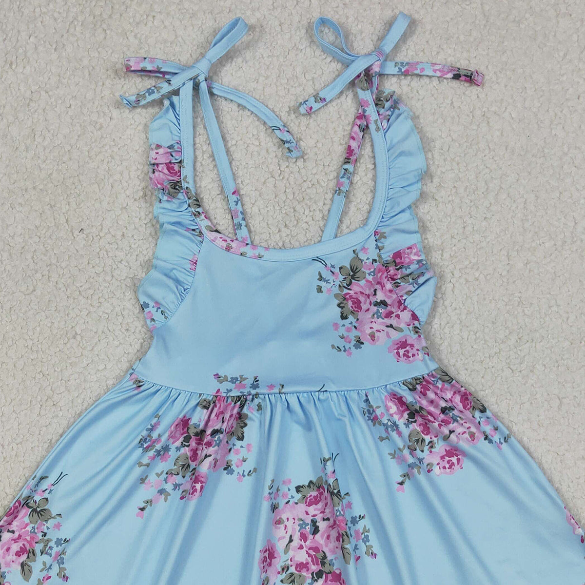 RTS NO MOQ GSD4088 Baby Girls Knee-Length Dress with Blue Straps And Flowers(2T-10-12T）