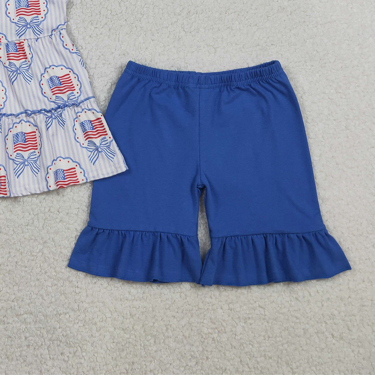 RTS NO MOQ GSSO3296 Baby Girls 4th of July Clothes Set Blue Stripe Tunic with Ruffle Short Outfit