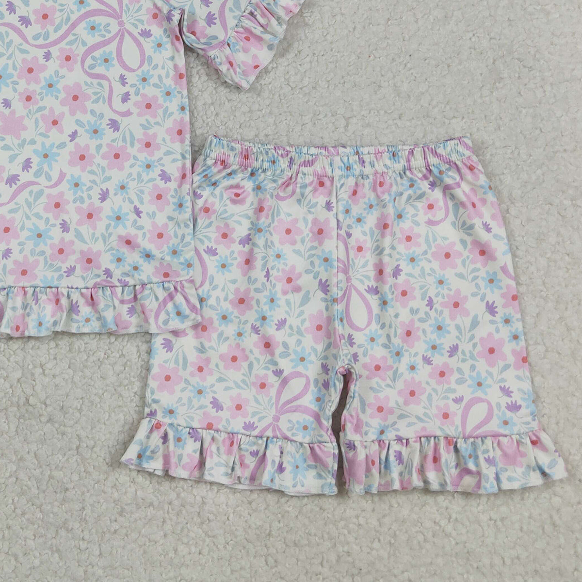 RTS NO MOQ GSSO3322 Toddler Girls Sweet Colorful Flowers Bow Top Ruffle Shorts Sleepwear