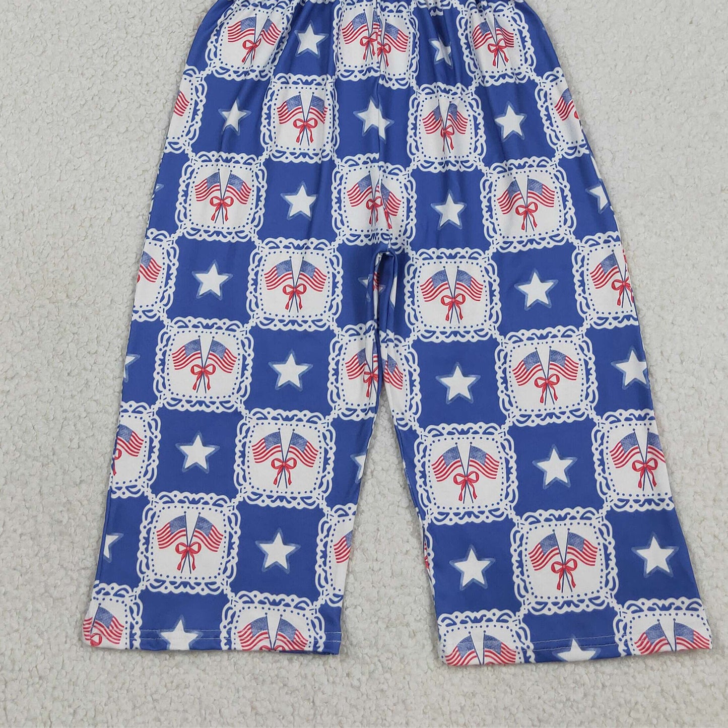 RTS NO MOQ milk silk SR3875 Baby Girls Checked Stars Flags Strap Bow Casual 4th of July Jumpsuits