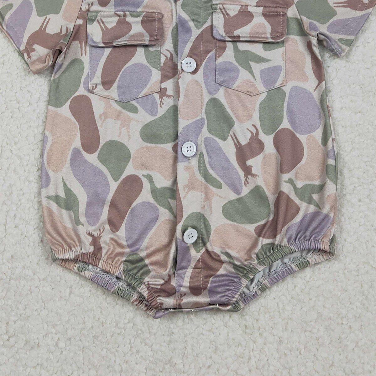 RTS NO MOQ SR3544 Baby Boys Camouflage Hunting Rompers with Pockets Button Detailing Ducks Dogs Deer Print