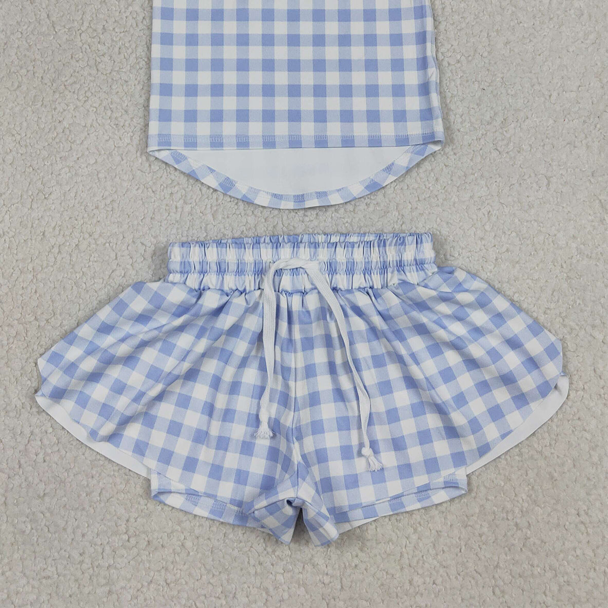 RTS NO MOQ GSSO3479 Baby Girls Blue Checked Vests Top with Butterfly Print Short Yoga Active Clothes Set for Kids