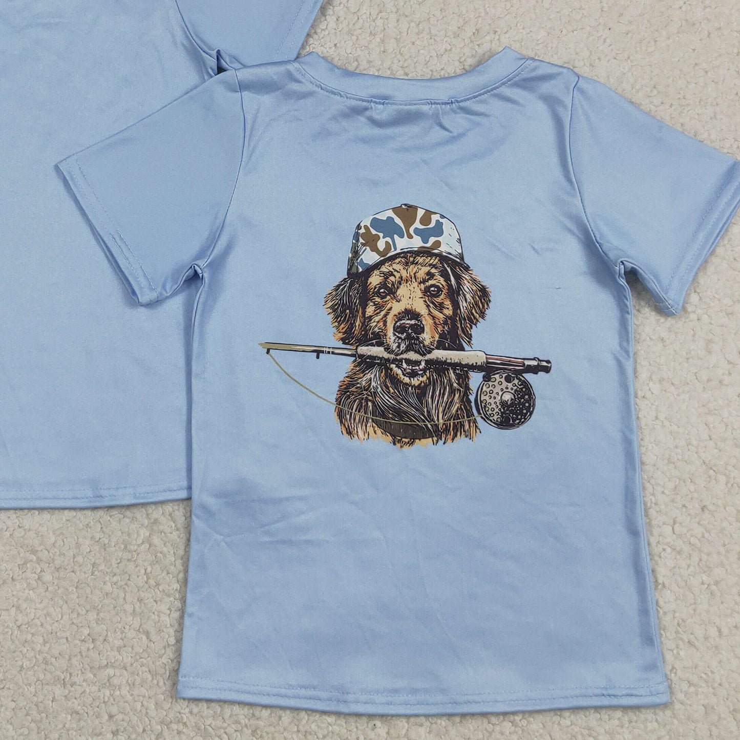 RTS NO MOQ milk silk BT1761+SS0873 Baby Boys Blue Dogs Fishing Camo Top Pocket Short Hunting Outfit