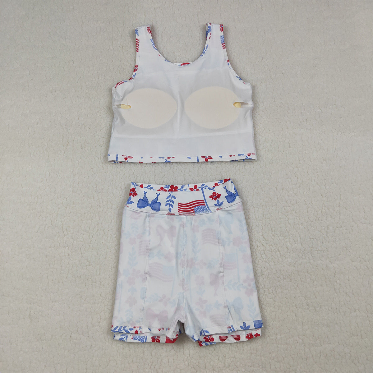 RTS NO MOQ GSD3499 Baby Girls 4th of July Yoga Active Clothes Sets Flower Flags Vest Skirt Short for Girls