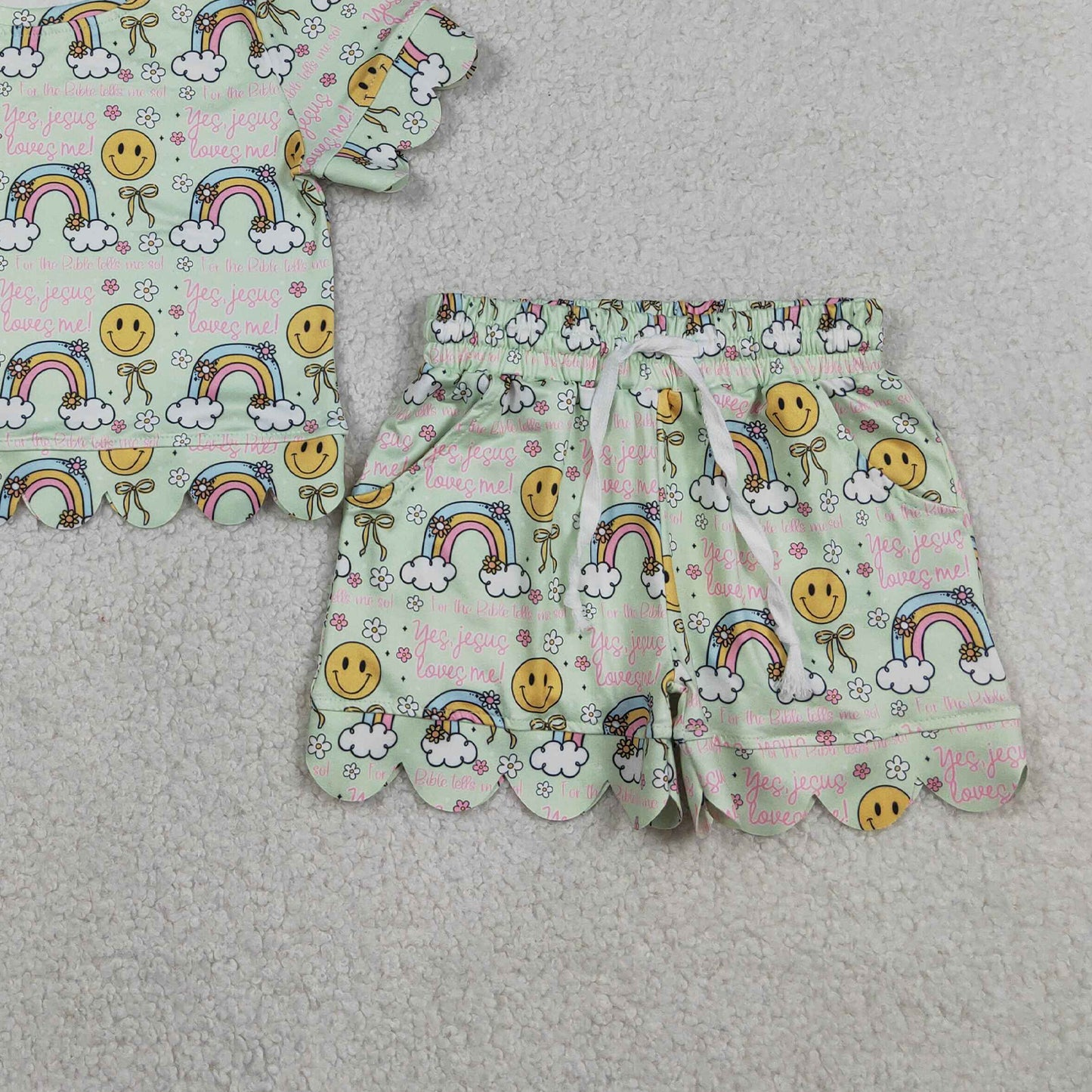 RTS NO MOQ GSSO3283 Baby Girls Cute Rainbow Smiles Flowers Scallop Pocket Clothes Set