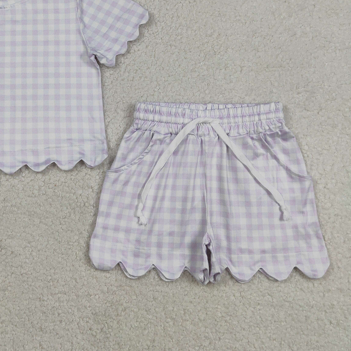 RTS NO MOQ GSSO3181  Baby Girls Lavender Checked Shirt Top And Scallop Shorts Outfit Set Cute Clothing Set for Infants
