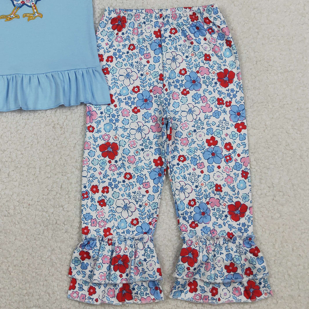 RTS NO MOQ GSPO2261 Floral Embroidery Chick Baby Girls Tunic And Ruffle Pants Set Cute Farm-Themed Outfit for Little Ones