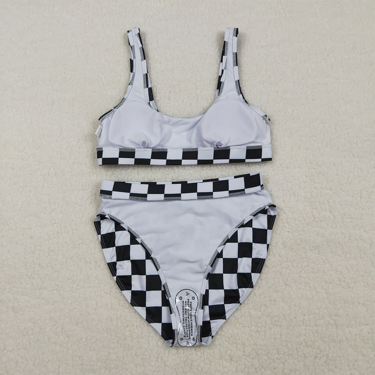 RTS NO MOQ S0736+S0737 Adult Women's Black Checkered Two-Piece Swimsuit Set with Top And Bummies Bottom