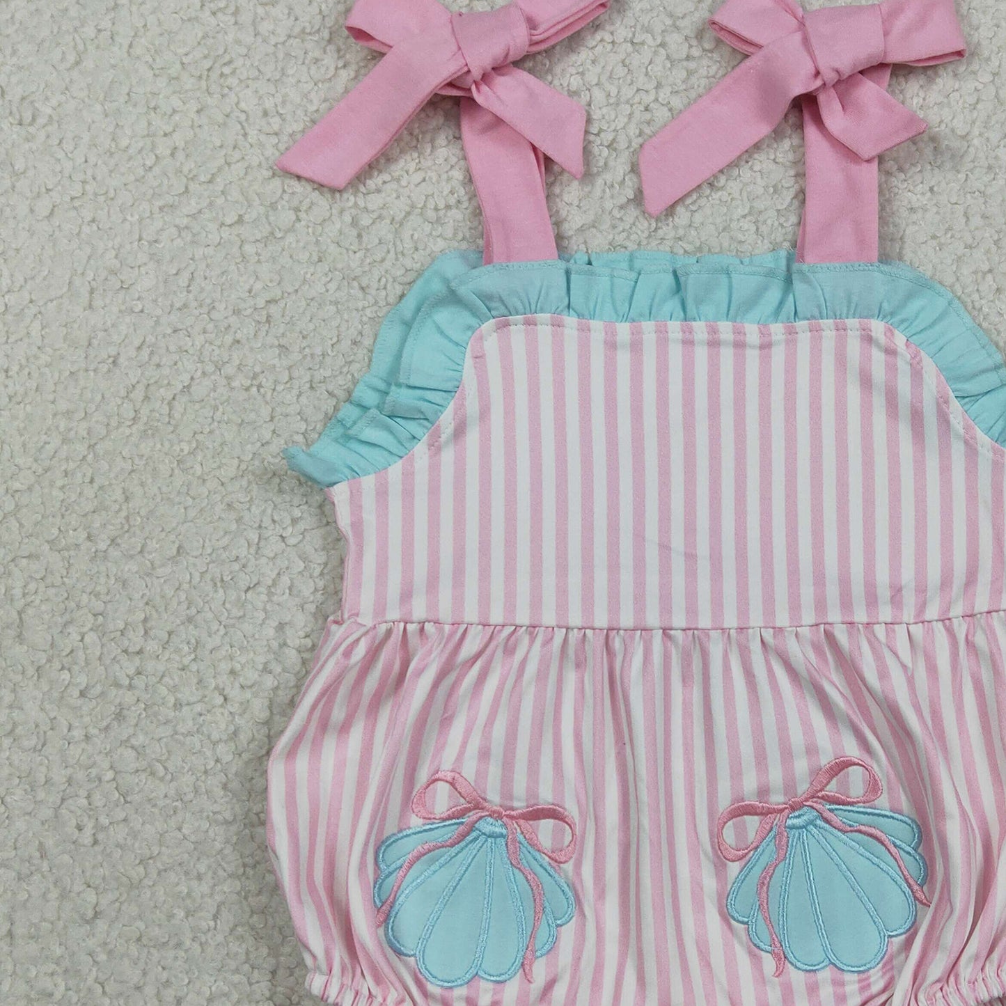 RTS NO MOQ milk silk SR4127 Baby Girls Cute Shell Embroidery Pockets Pink Stripe Strap Ruffle Rompers