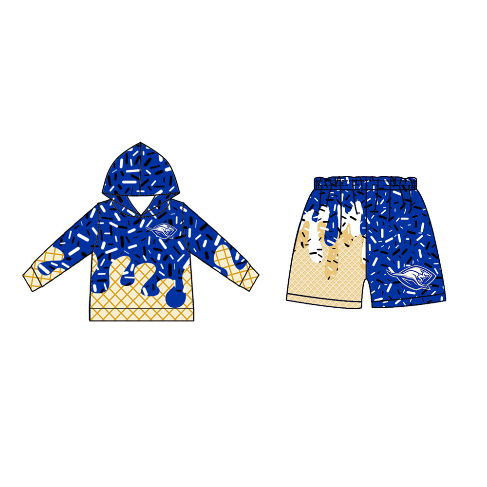 Custom moq 5 mix size milk silk baby girls clothes team bow blue hooded long sleeve tops and shorts-25.7.19
