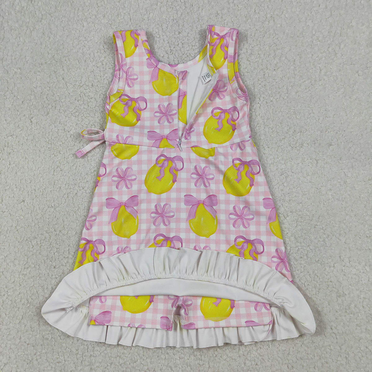 RTS NO MOQ GSD3683 Baby Girls Pink Checked Bows Lemons Ruffle Yoga Active Shorts Knee-Length Dress