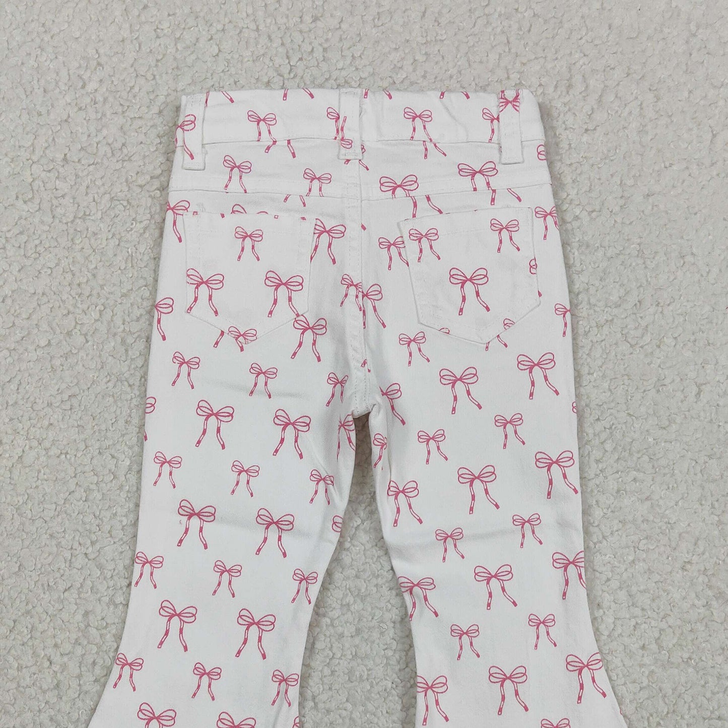 RTS NO MOQ milk silk P1042 Baby Girls Cute Pink Bows Denim Pocket Bell Bottom Pants（3T-14-16T）