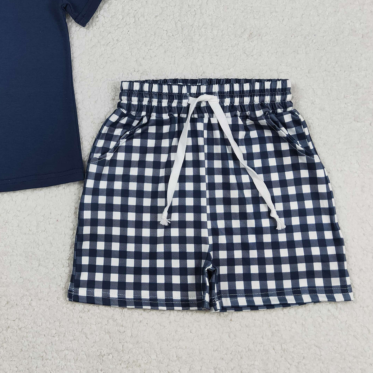 RTS NO MOQ BSSO1882 Baby Boys Navy Short Sleeve Shirt Top with Checked Pockets Short Clothes Set for Little Ones