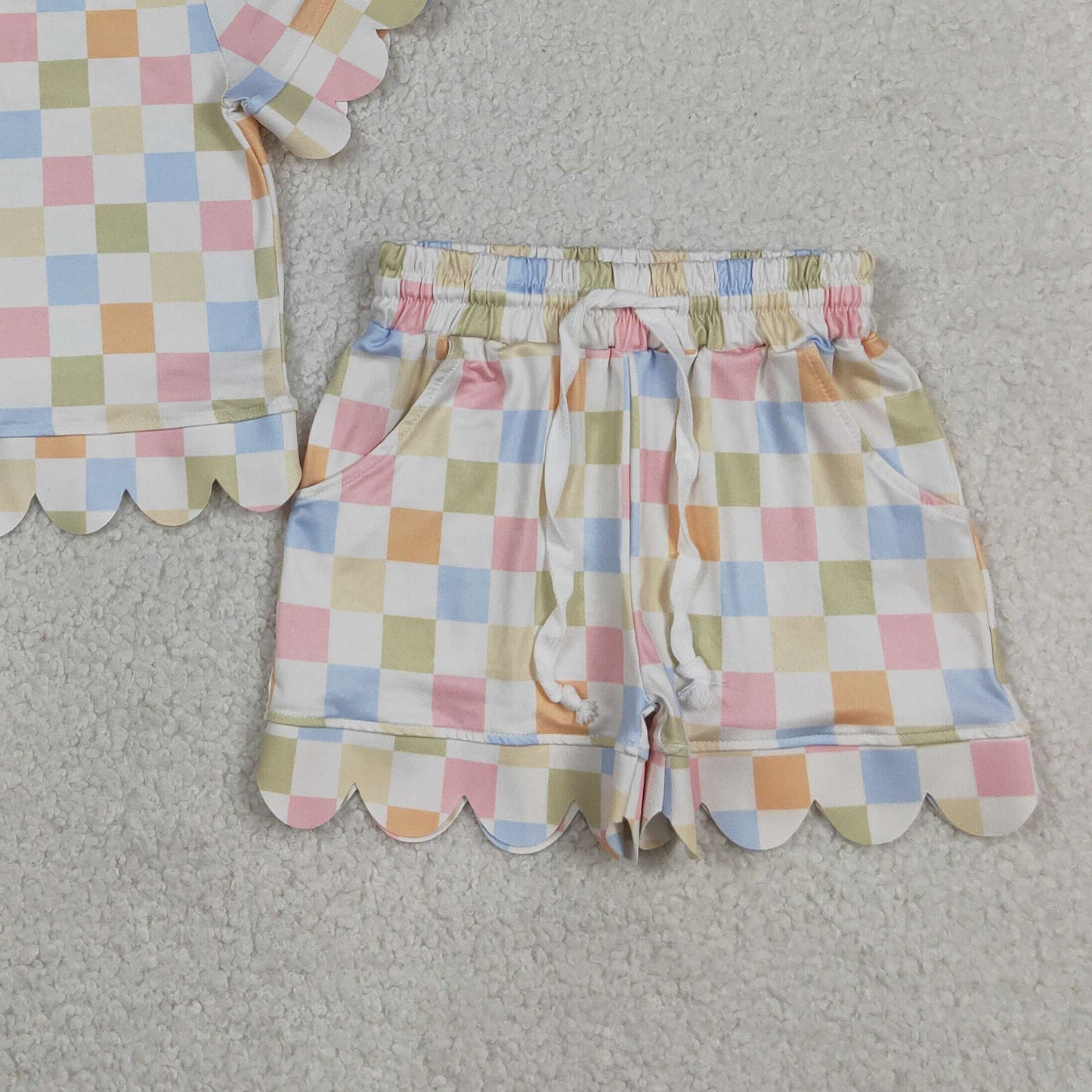 RTS NO MOQ GSSO3419 Baby Girls Summer Colorful Checked Scallop Edge Pocket Short Set