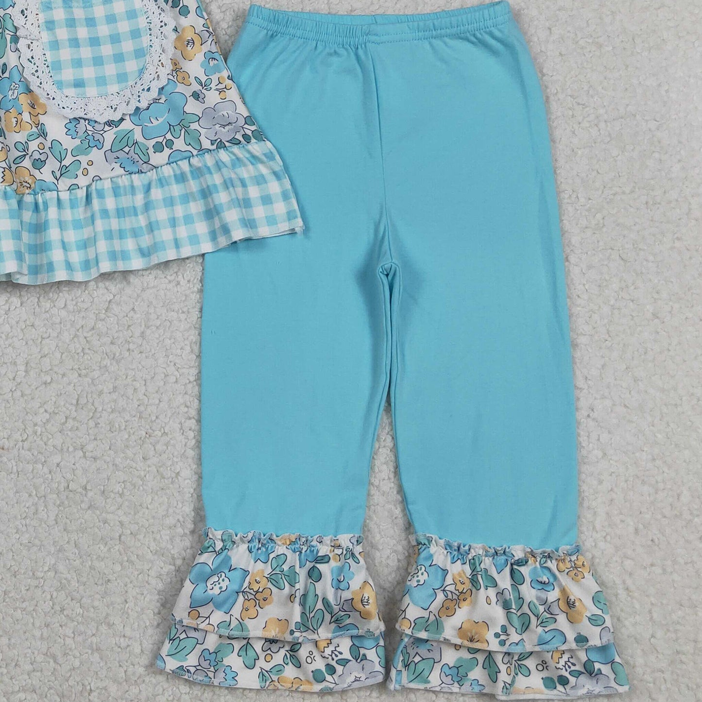 RTS NO MOQ GSPO2282 Baby Girls Blue Check Floral Pocket Tunic Casual Ruffle Pant Sets