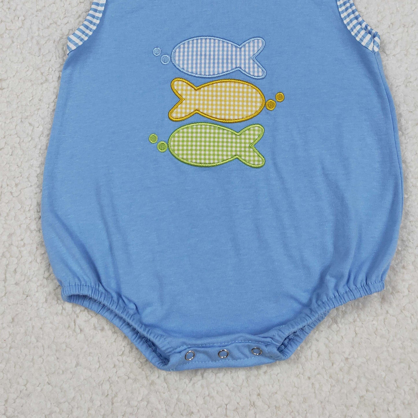 RTS NO MOQ milk silk SR4005 Baby Boys Sleeveless Solid Color Fish Embroidery Hunting Rompers