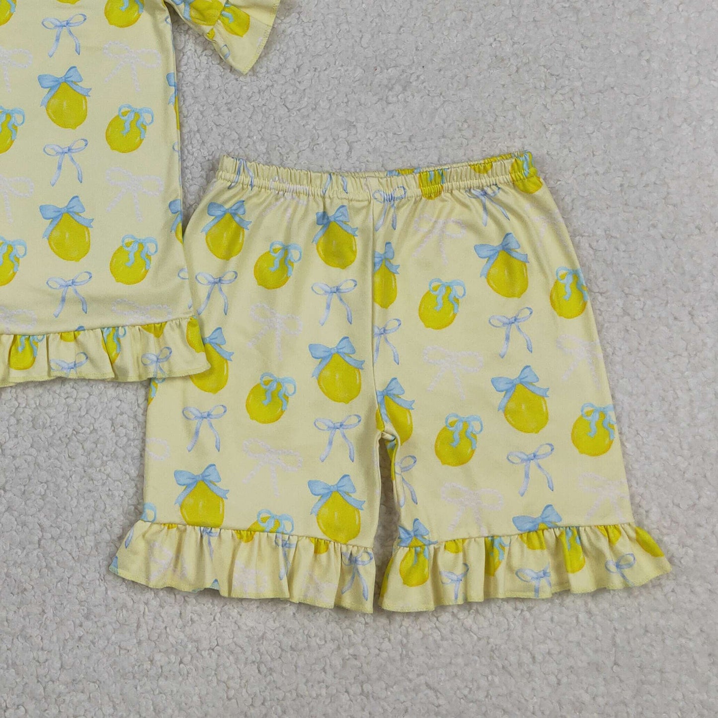 RTS NO MOQ milk silk GSSO3326 Baby Girls Bows Lemons Floral Top Elastic Waist Ruffle Shorts Sets