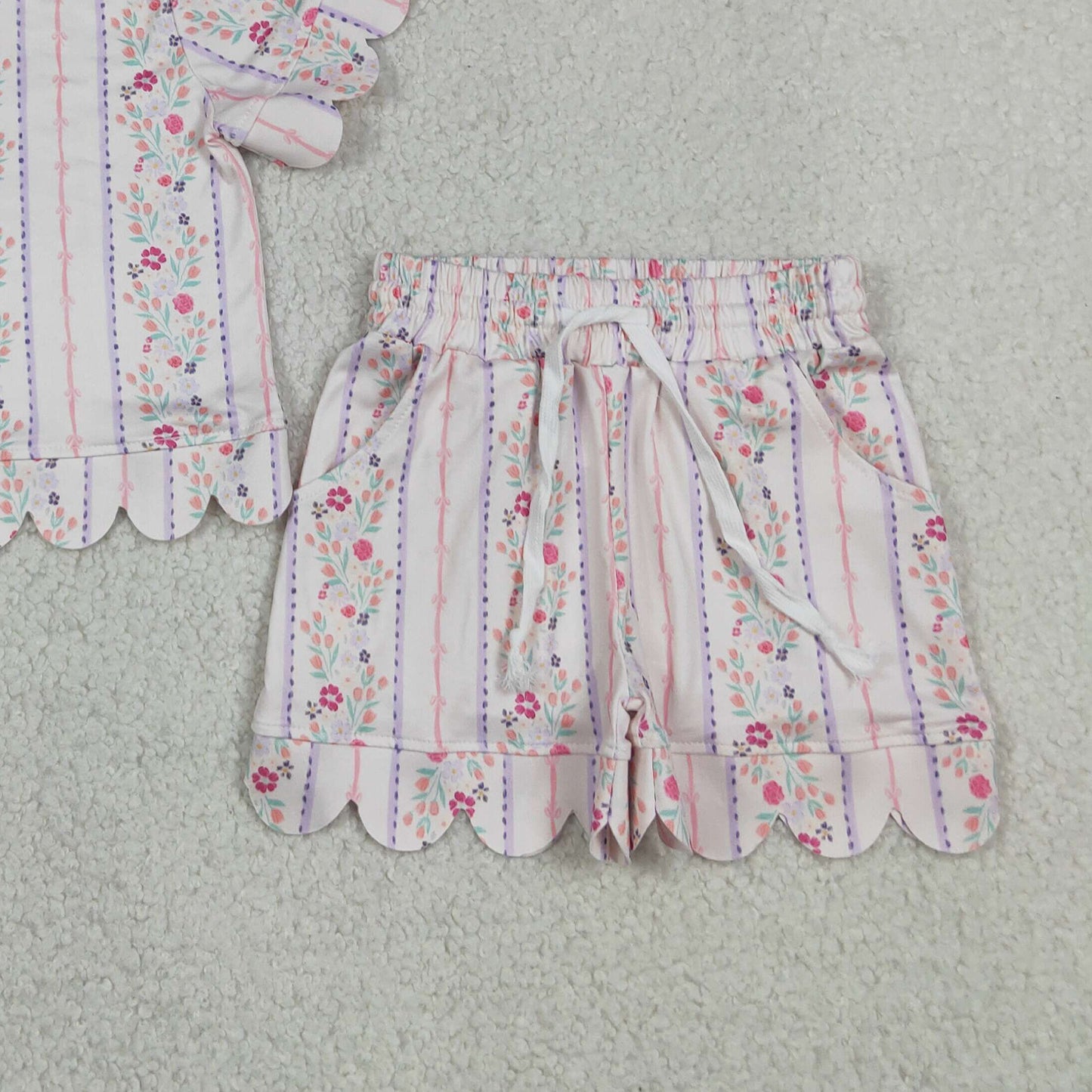 RTS NO MOQ milk silk GSSO3411 Toddler Girls Flower Stripe Top Scallop Edge Shorts Set Casual Outfit