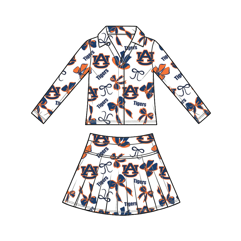 custom moq 5 mix size  XY072306 Baby Girls Summer Bow Print Long Sleeve Top Pleated Skirt Two Piece Team Outfit Set