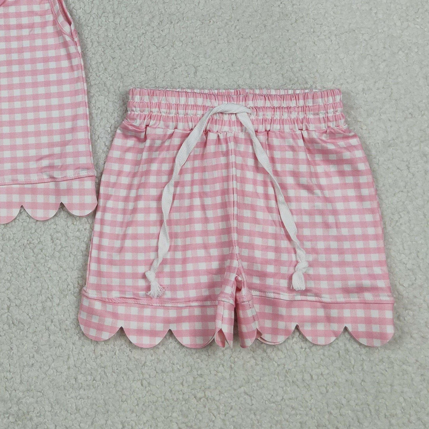 RTS NO MOQ milk silk GSSO3394 Pink Checked Collar Sleeveless Outfit Baby Girls Scallop Trim Short Suits